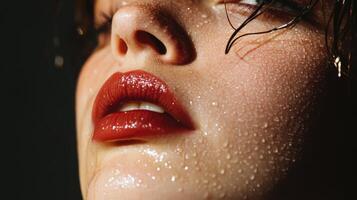 Close up of a womans face with red lipstick and perspiration photo