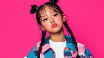 Young Girl Poses With Braids And Plaid Shirt photo