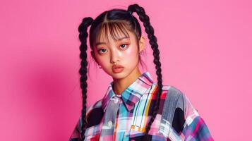 Young Woman with Braids Wearing Colorful Plaid Shirt photo
