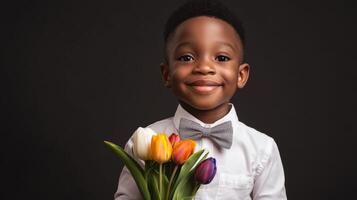 A Young Boy Holding Colorful Tulips Smiles photo