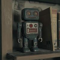 Robot is sitting on a shelf with books photo