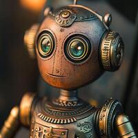 Close up of a robot with green eyes photo