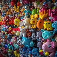 Wall of stuffed animals is displayed in a store photo