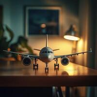 A model airplane sits on a table in front of a lamp photo