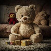 A teddy bear sits on a couch with blocks photo
