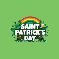 A vibrant typographic design for Saint Patrick's Day featuring clover motifs, lush grasses, shamrock ornaments, pots of gold, hats, beer glasses and festive greenery vector