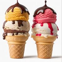 Delicious Triple-Layer Ice Cream Cone Drizzled with Chocolate photo