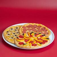 delicious pizza with colorful toppings served on a plate against a vibrant red background photo