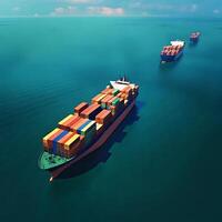 cargo ship loaded with colorful containers sailing on the open sea, global shipping concept photo