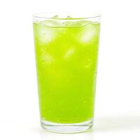 refreshing bright green drink with ice cubes served in a tall glass, isolated on white background photo