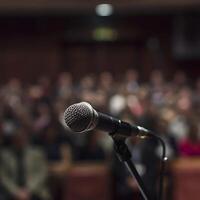 close-up of a microphone in focus with a blurred crowd in the background, public speaking concept photo
