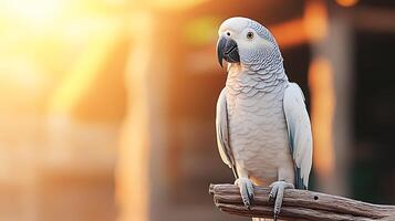 A majestic parrot perched on a branch during sunset, with a soft golden glow in the background photo