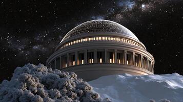 A majestic observatory dome under a starry night sky, surrounded by snow-covered terrain photo