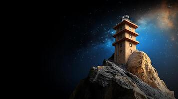 A majestic lighthouse stands atop a rocky cliff, illuminated under a starry night sky photo
