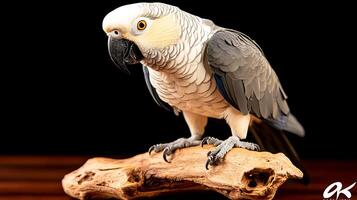A majestic grey parrot perched on a wooden branch against a dark background, showcasing its vibrant features photo