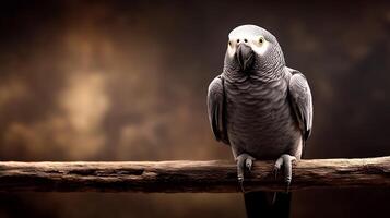 A majestic grey parrot perched on a rustic branch, with a soft, blurred background suggesting tranquility photo