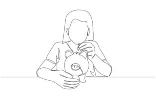 Continuous one line drawing of girl putting banknote into piggy bank, building a habit of saving concept, single line art vector