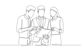 Continuous one line drawing of male employee asking colleagues for advice about work, work discussion at office concept, single line art vector