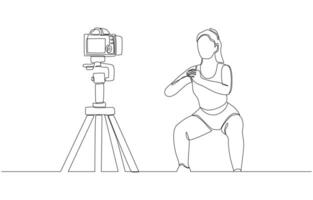 Continuous one line drawing of online fitness trainer doing squat on camera, online fitness courses concept, single line art vector