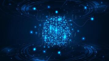 Artificial Intelligence concept. Glowing blue brain circuit with HUD intreface. Technology abstract background. vector