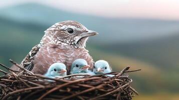 A mother bird caring for three blue chicks in a nest against a serene mountainous backdrop photo