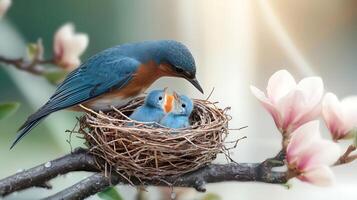 A mother bird feeding her chicks in a cozy nest among blooming flowers in spring photo