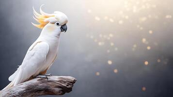 A majestic white cockatoo perched on a branch against a softly illuminated background with bokeh photo