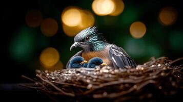 A mother bird caring for her chicks in a cozy nest surrounded by soft, glowing lights photo