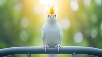 A vibrant cockatoo perched on a railing, surrounded by lush greenery and soft sunlight photo