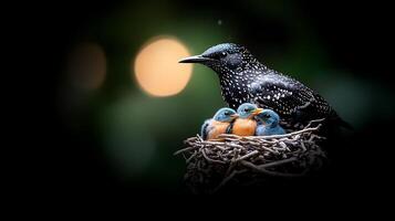 A mother bird feeding her three chicks in a cozy nest surrounded by soft, blurred greenery photo