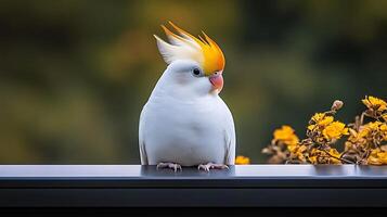 A vibrant cockatoo perched on a railing, surrounded by autumn foliage in a serene setting photo