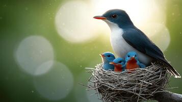 A mother bird feeding her three colorful chicks in a cozy nest surrounded by soft bokeh lights photo