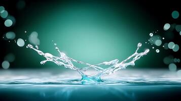 A stunning close-up of water splashing against a serene turquoise background, capturing motion photo