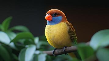 A vibrant, colorful bird perched on a branch surrounded by lush green leaves in a serene environment photo