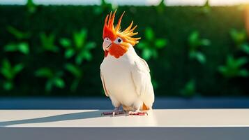 A vibrant cockatoo with a striking orange crest perched on a sleek surface in a lush, green environment photo