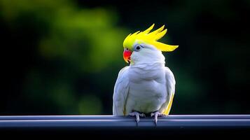 A vibrant cockatoo perched on a railing, surrounded by lush greenery in the background photo