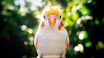 A vibrant cockatoo with a striking crest perched on a branch amidst a lush green background photo