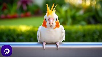 A vibrant cockatoo perched on a railing, surrounded by lush greenery in a sunny garden setting photo