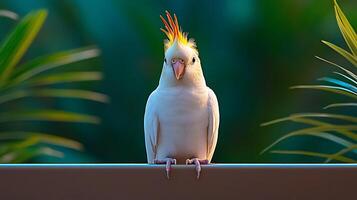 A vibrant cockatoo perched on a railing, surrounded by lush green foliage in a tropical setting photo
