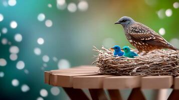A mother bird feeding her vibrant chicks in a cozy nest on a wooden table, with a blurred colorful background photo