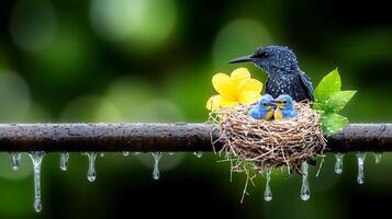 A mother bird feeding her chicks in a nest adorned with flowers and raindrops, in a lush green setting photo