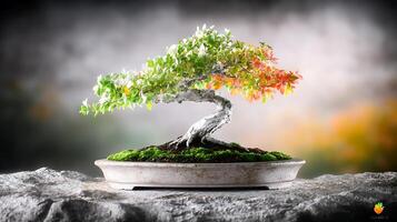 A vibrant bonsai tree with colorful foliage in a serene setting, showcasing nature's beauty photo