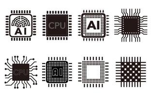 Microprocessor Monochrome Icon Set Isolated On A White Background. vector