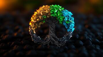 A vibrant artistic representation of a peace symbol tree with colorful leaves against a blurred background photo