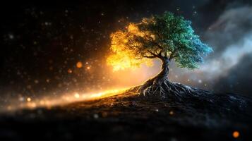 A striking tree with vibrant orange and green leaves set against a mystical backdrop of swirling lights photo