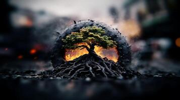 A surreal depiction of a vibrant tree emerging from a tire, symbolizing resilience amidst urban chaos photo