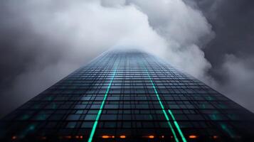 A towering skyscraper piercing through dark, stormy clouds, illuminated by neon lights, showcasing urban architecture photo