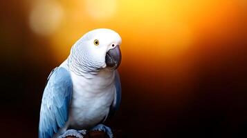 A stunning parrot perched on a branch, illuminated by a warm, golden sunset background photo