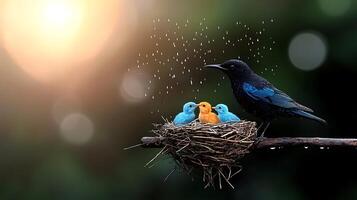 A vibrant bird feeding its colorful chicks in a cozy nest, surrounded by a serene, blurred background photo