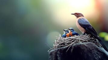 A mother bird stands guard over her three chicks in a cozy nest on a rocky outcrop, surrounded by a soft, blurred natural background photo